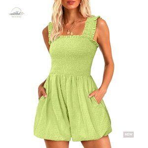 Sleeveless Bubble Romper with Ruffle Straps, Square Neck, Pockets, Summer Outfit